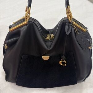 Coach Black Leather Shoulder Bag with Gold Accents